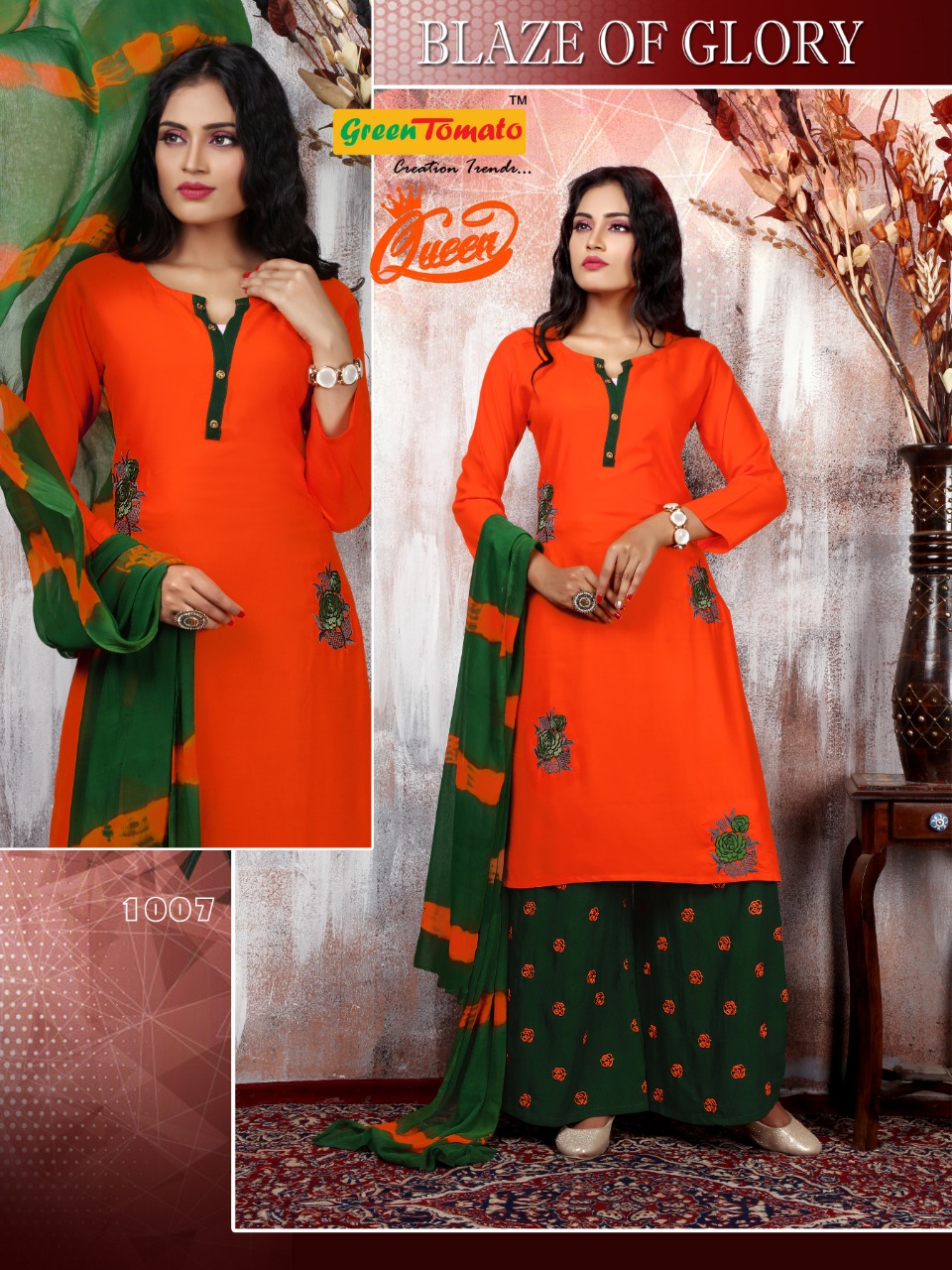 the entnic studio  queen rayon decent embroidary look kurti with palazzo catalog
