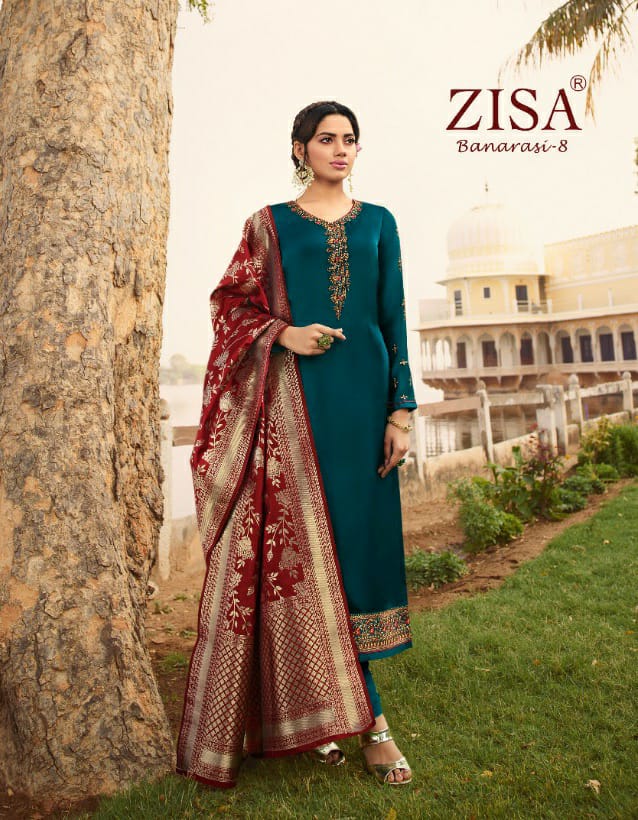 zisa banarasi vol 8  satin  jorgeet with jeqaurd duppta festive look salwar suit catalog