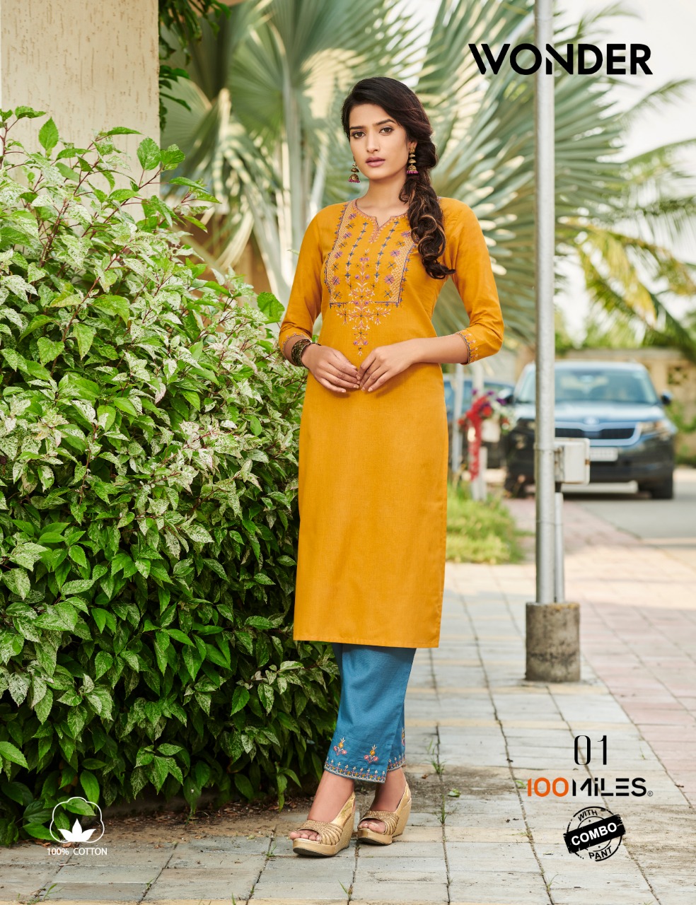 100 miles wonder combo pants pure cotton with embroidery kurtis catalog