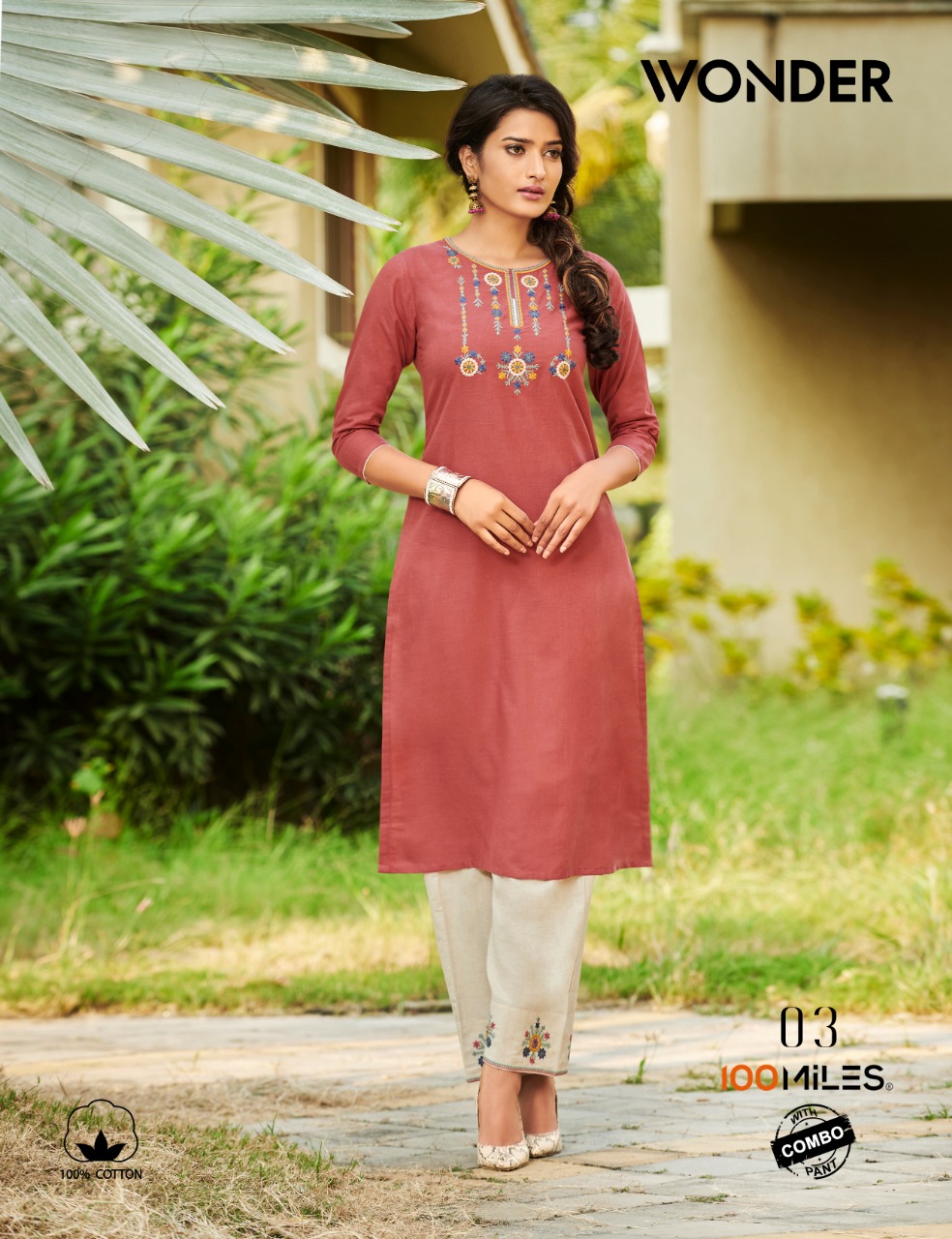 100 miles wonder combo pants pure cotton with embroidery kurtis catalog