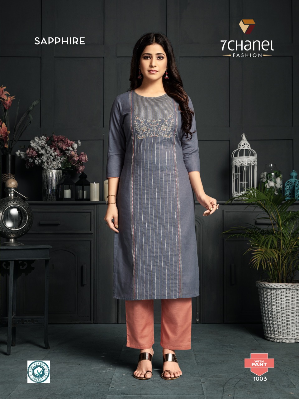 7 chanel sapphire cotton calssic trendy look kurti with pant catalog