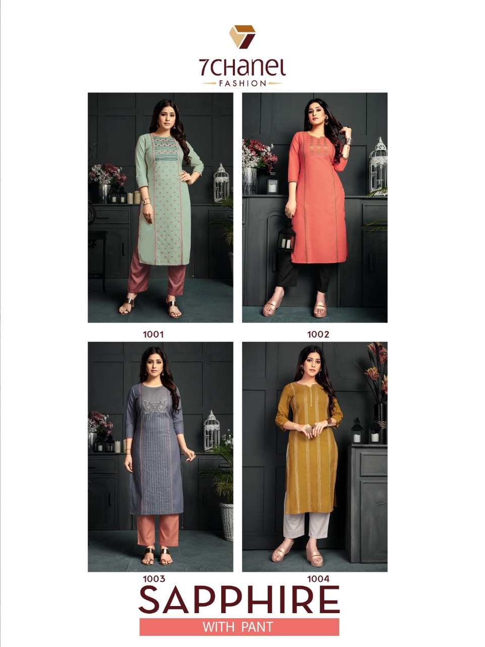 7 chanel sapphire cotton calssic trendy look kurti with pant catalog