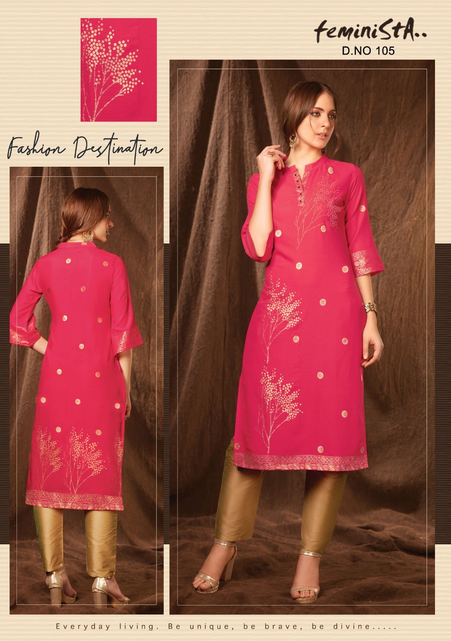 feminista grace 2 rayon elegant style kurti with pant catalog