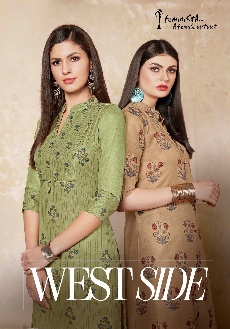 Feminista Westside Linen Satin catchy look kurti with pant catalog