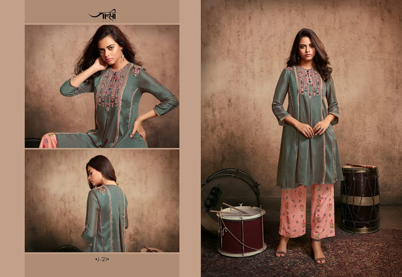 jansi tanaaz berry silk regal look short kurti with printed bottom catalog