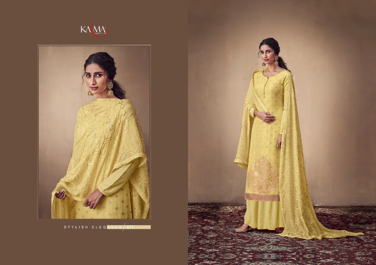 karma banarasi jacqard series 666 671 decent lakhnavi work salwar suit catalog