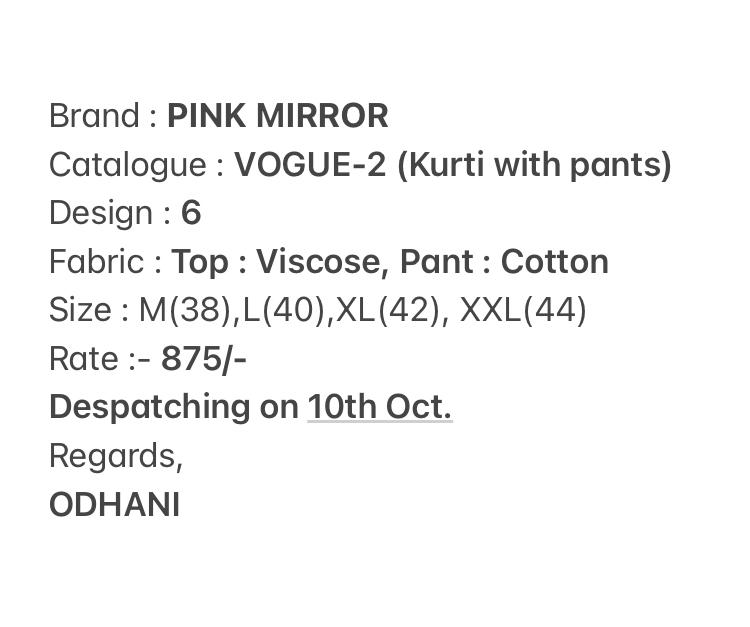pink mirror  vogue 2 viscose attractive kurti with bottom catalog