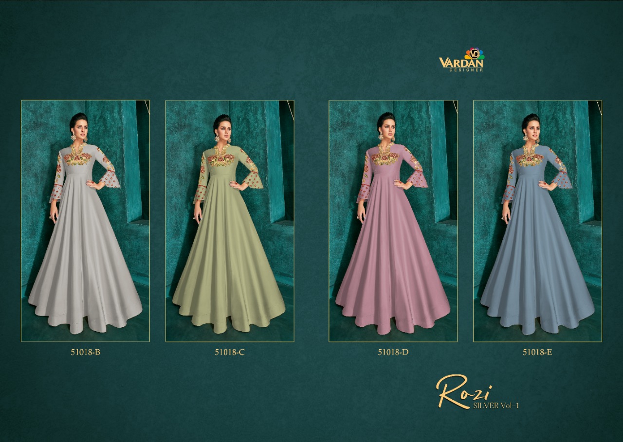 vardan designer Rozi Silver Vol 1 Triva Silk regal look gown catalog