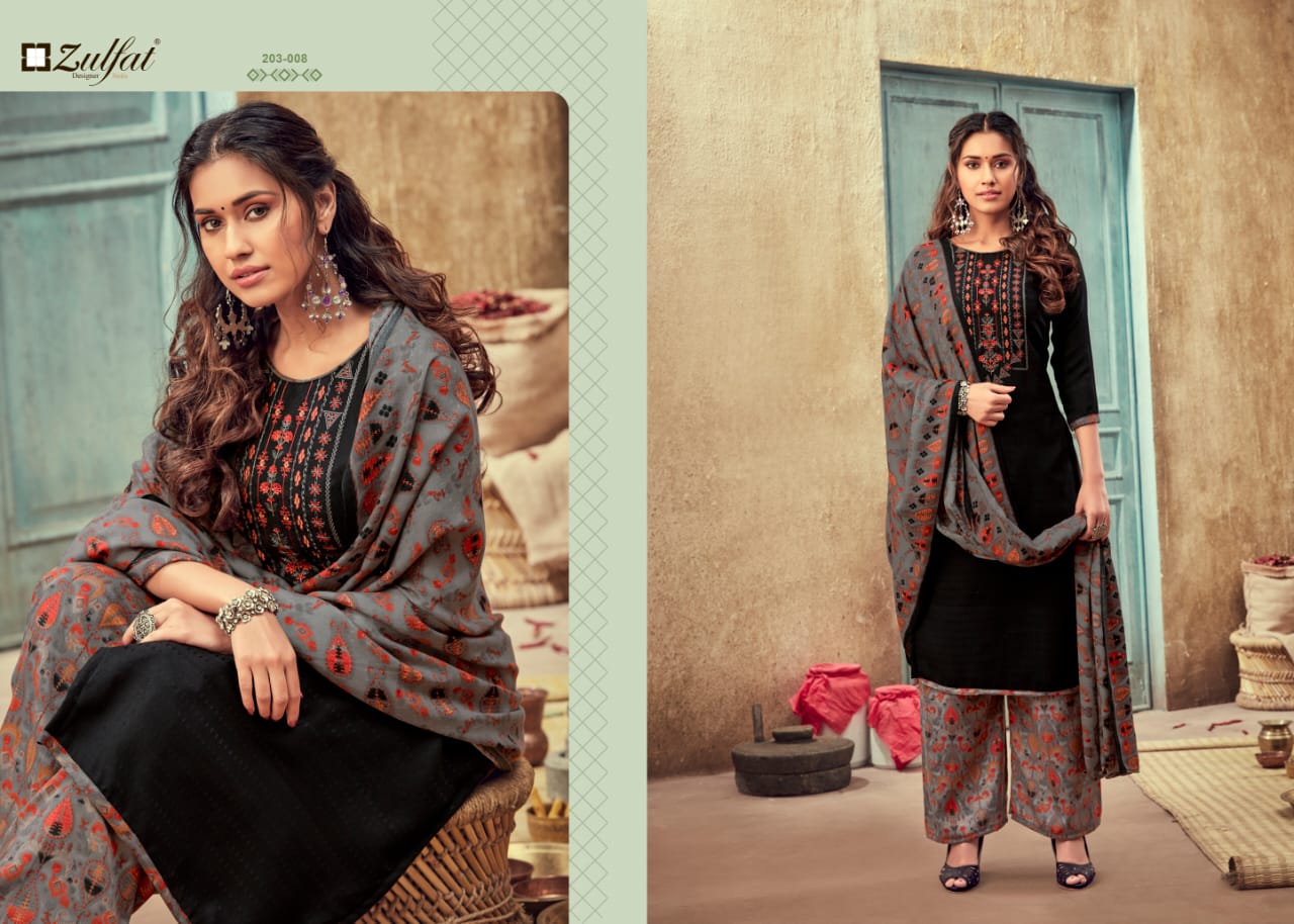 Zulfat designer sohini pashmina print with decent embroidary look salwar suit catalog