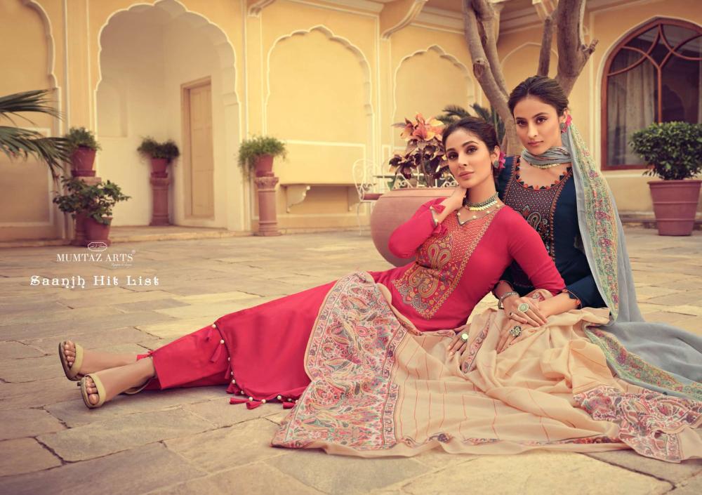 mumtaz arts saanjh hit list jam satin karachi decent embroidary look salwar suit catalog