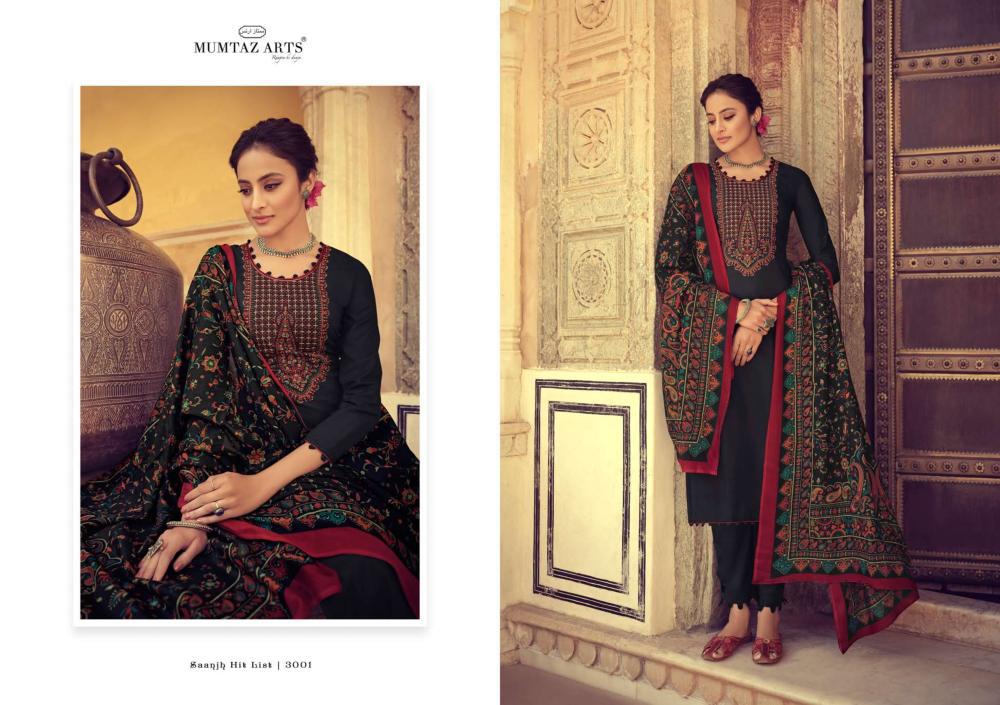 mumtaz arts saanjh hit list jam satin karachi decent embroidary look salwar suit catalog