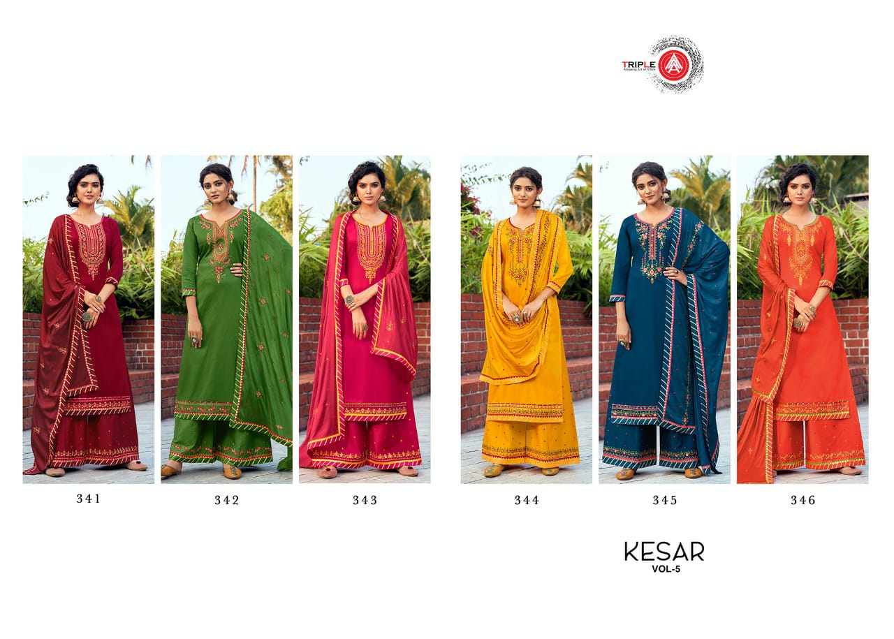 Triple AAA Kesar 5 jam silk dupatta Chinon work with Four Side salwar suit catalog