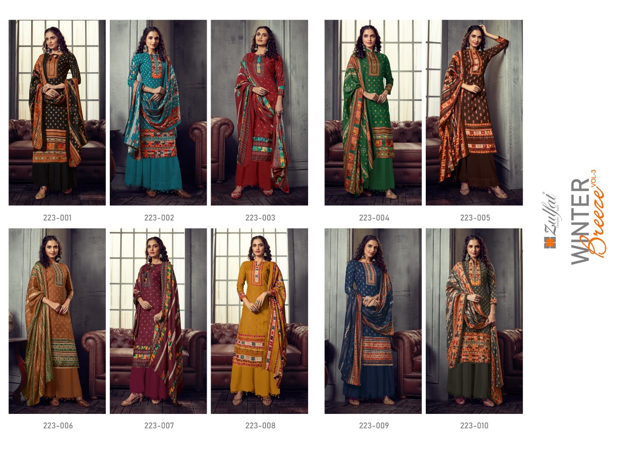 Zulfat Designer Suits winter breeze vol 3 pashmina exclusive print Dupatta Pure Pashmina shawl salwar suit catalog
