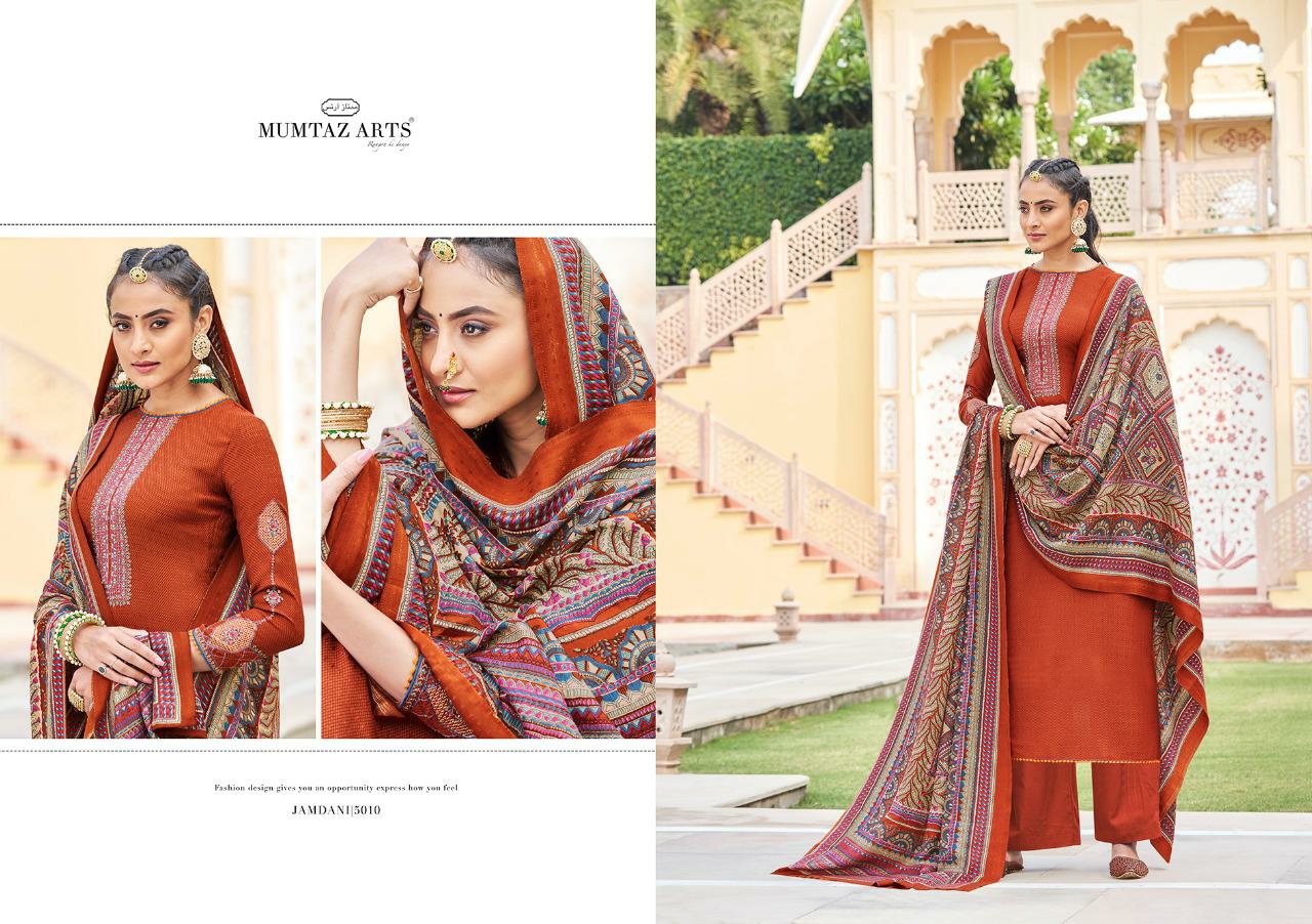mumtaz arts jamdani satin decent embroidary look karachi salwar suit catalog