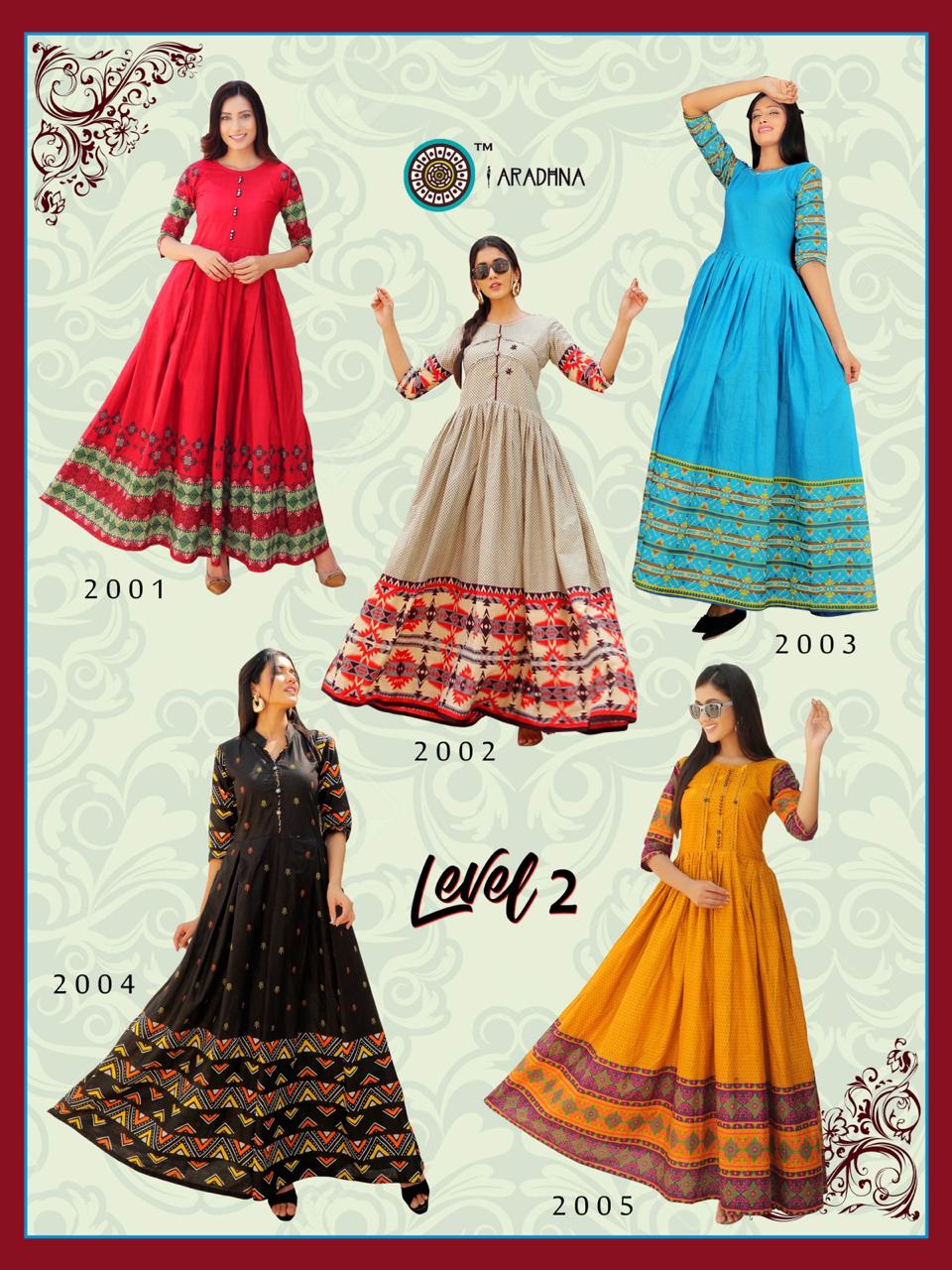 aradhna level 2 cotton authentic fabric long kurti catalog