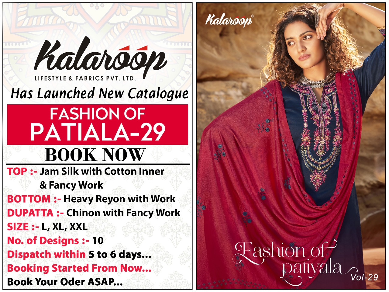 kalaroop fashion of patiyla Vol 29 jam silk exclusive colours  chinhon with fancy work kurti Bottom with dupatta catalog