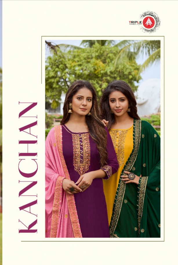 Triple AAA Kanchan silk dupatta Chinon work with Four Side authentic fabric salwar suit catalog