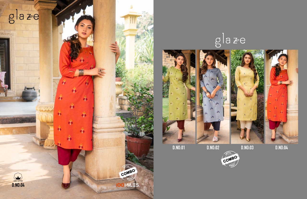 100 milles glaze cotton casual wear kurti with bottom catalog