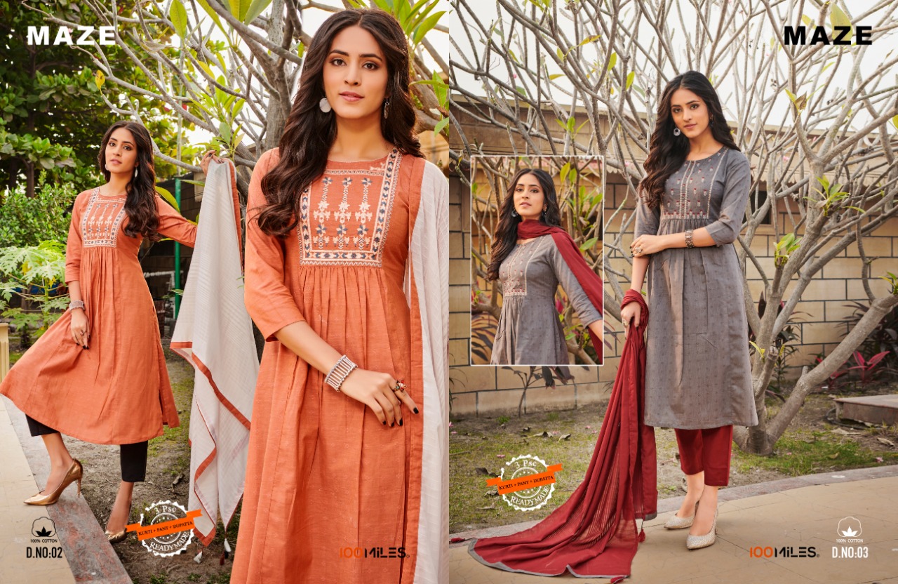100 milles maze cotton catchy look Kurti with pants and dupatta catalog