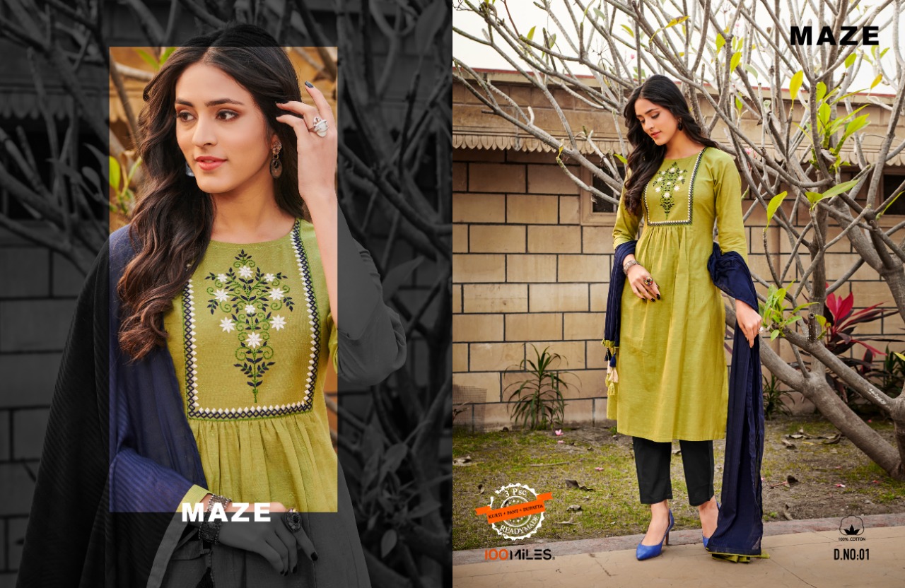 100 milles maze cotton catchy look Kurti with pants and dupatta catalog