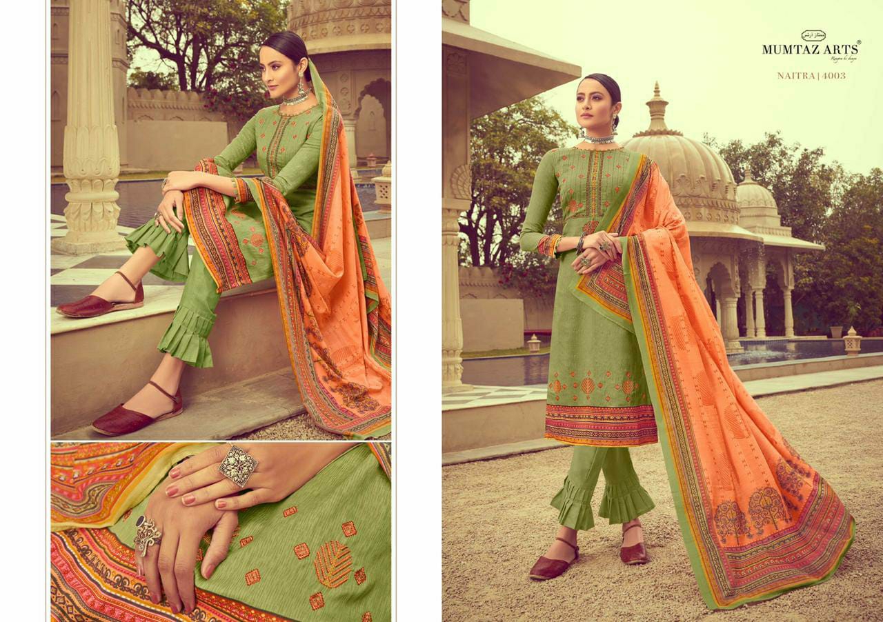 Mumtaz arts naitra nx innovative style jam satin Embroided Salwar suits with chiffon duppata catalog