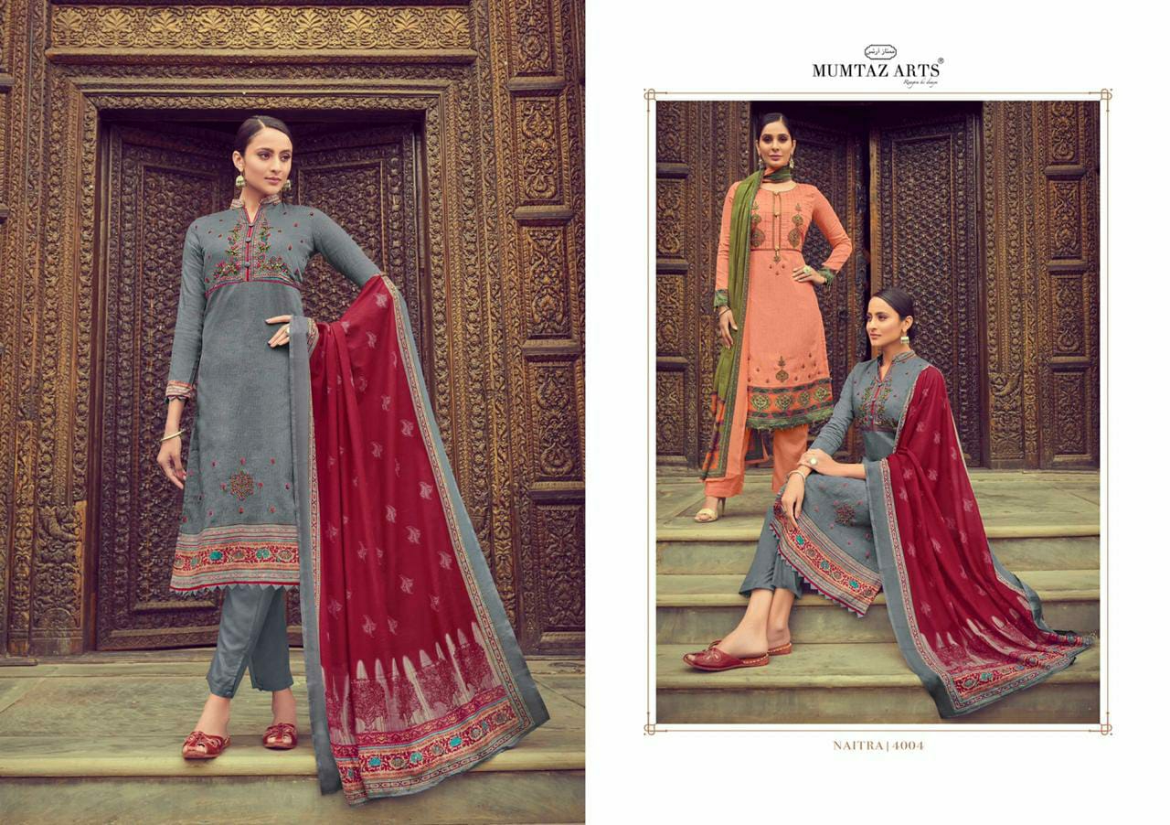 Mumtaz arts naitra nx innovative style jam satin Embroided Salwar suits with chiffon duppata catalog