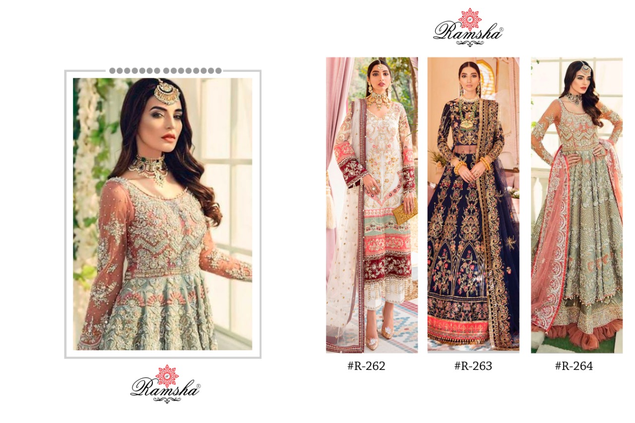 ramsha d no 262 to 264 net decent embroidary look salwar suit catalog