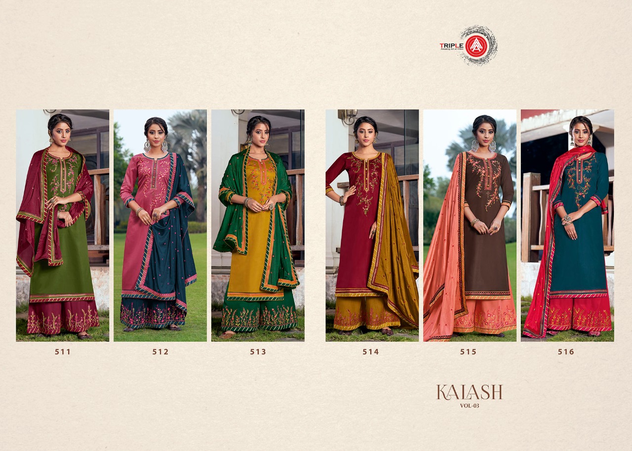 triple AAA kalash vol 3 jam silk attrective Embroidery Work salwar suit catalog