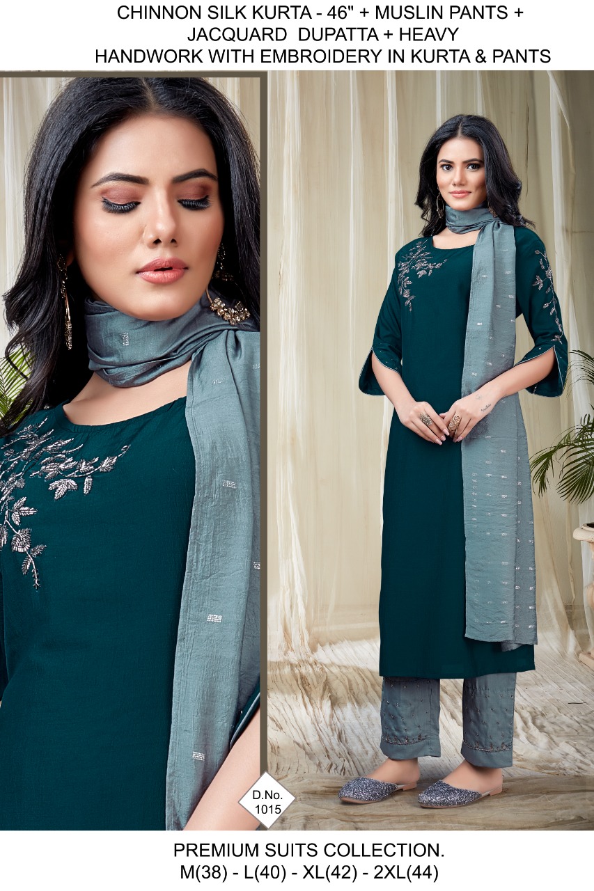 vink d no 1015 chinnon silk gorgeous look kurti pant with dupatta non catalog