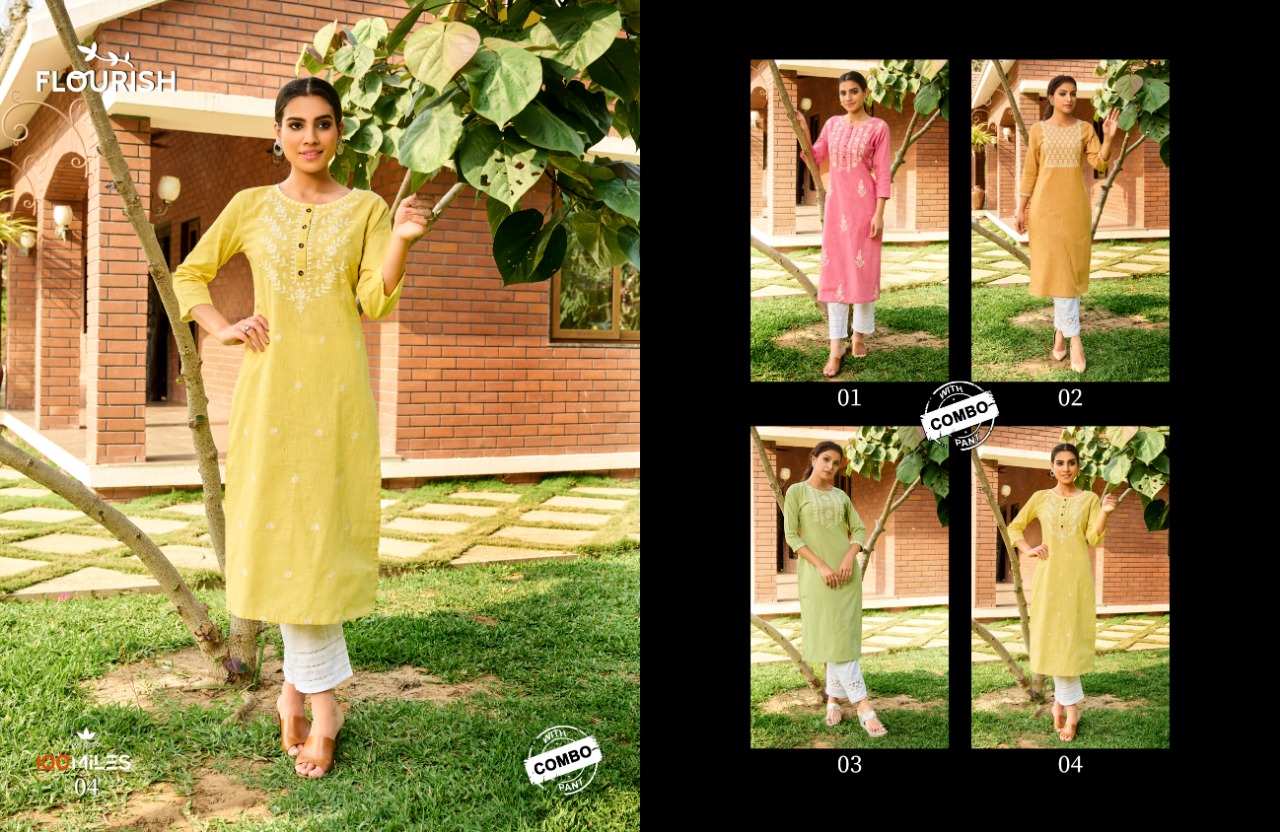 100 miles flourish cotton authentic fabric kurti with combo pant catalog