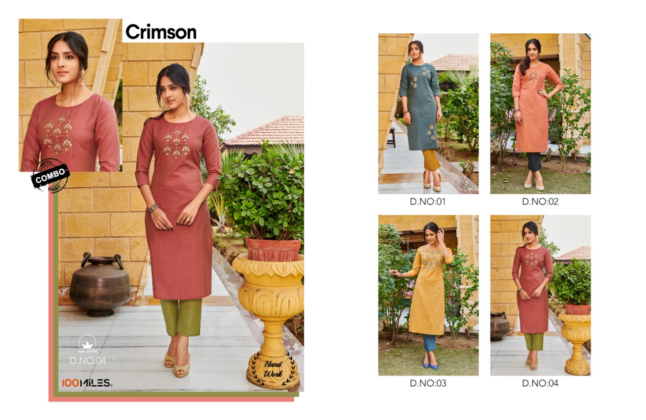 100 milles crimson with bottom combo cotton catchy look kurti with pant catalog