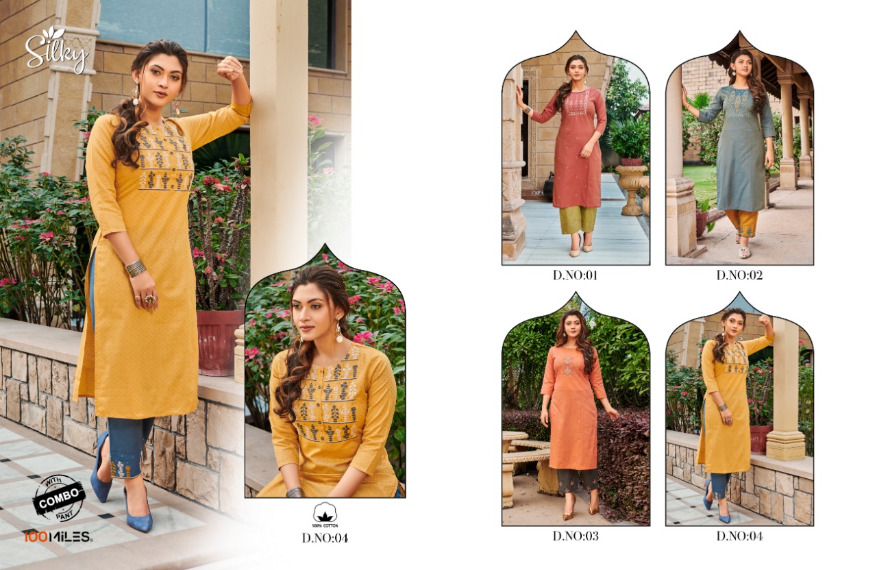 100 milles silky with bottom combo cotton astonishing style kurti with pant catalog