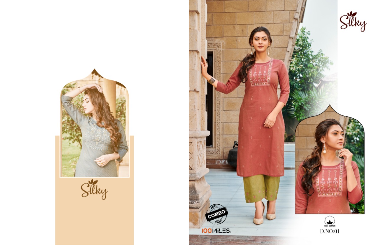 100 milles silky with bottom combo cotton astonishing style kurti with pant catalog
