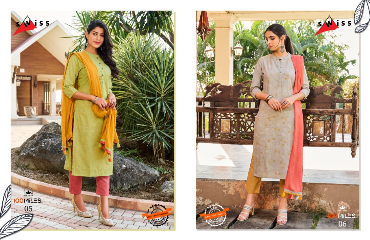 100 milles swiss cotton innovative style  kurtis with pants and dupatta catalog
