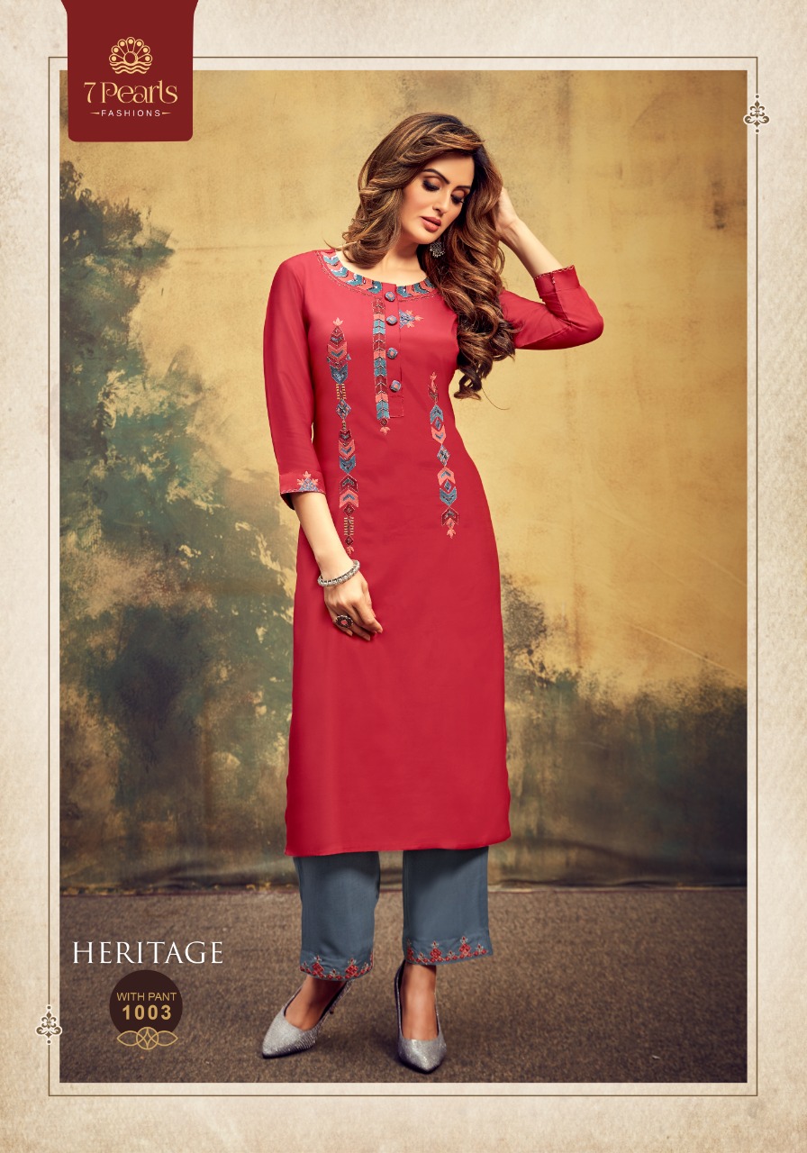 7 pearls heritage viscose authentic fabric kurti with pant catalog