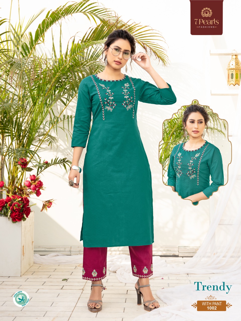 7 pearls trendy cotton authentic fabric kurti with pant catalog