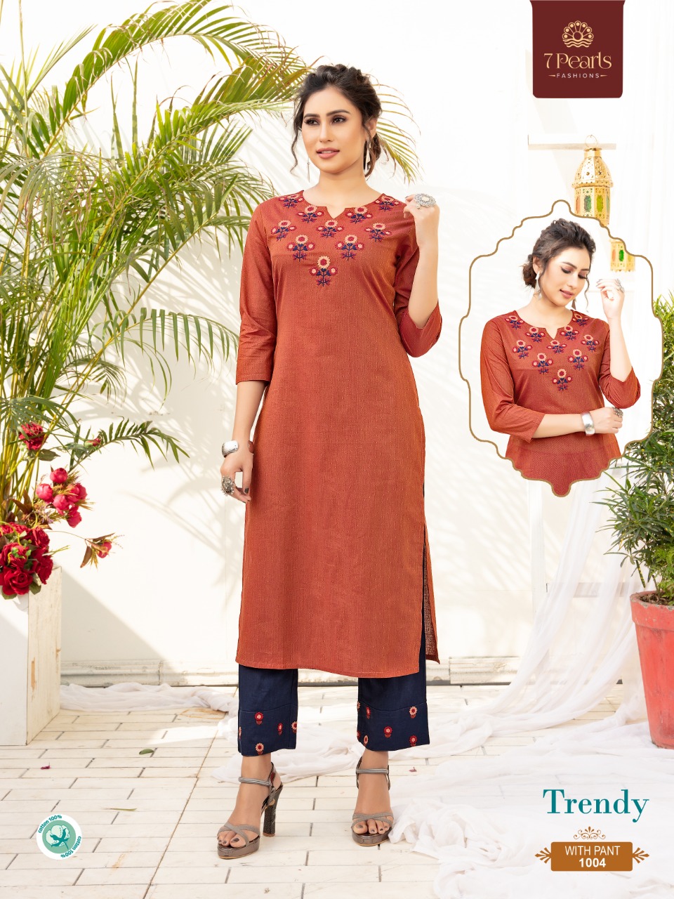 7 pearls trendy cotton authentic fabric kurti with pant catalog
