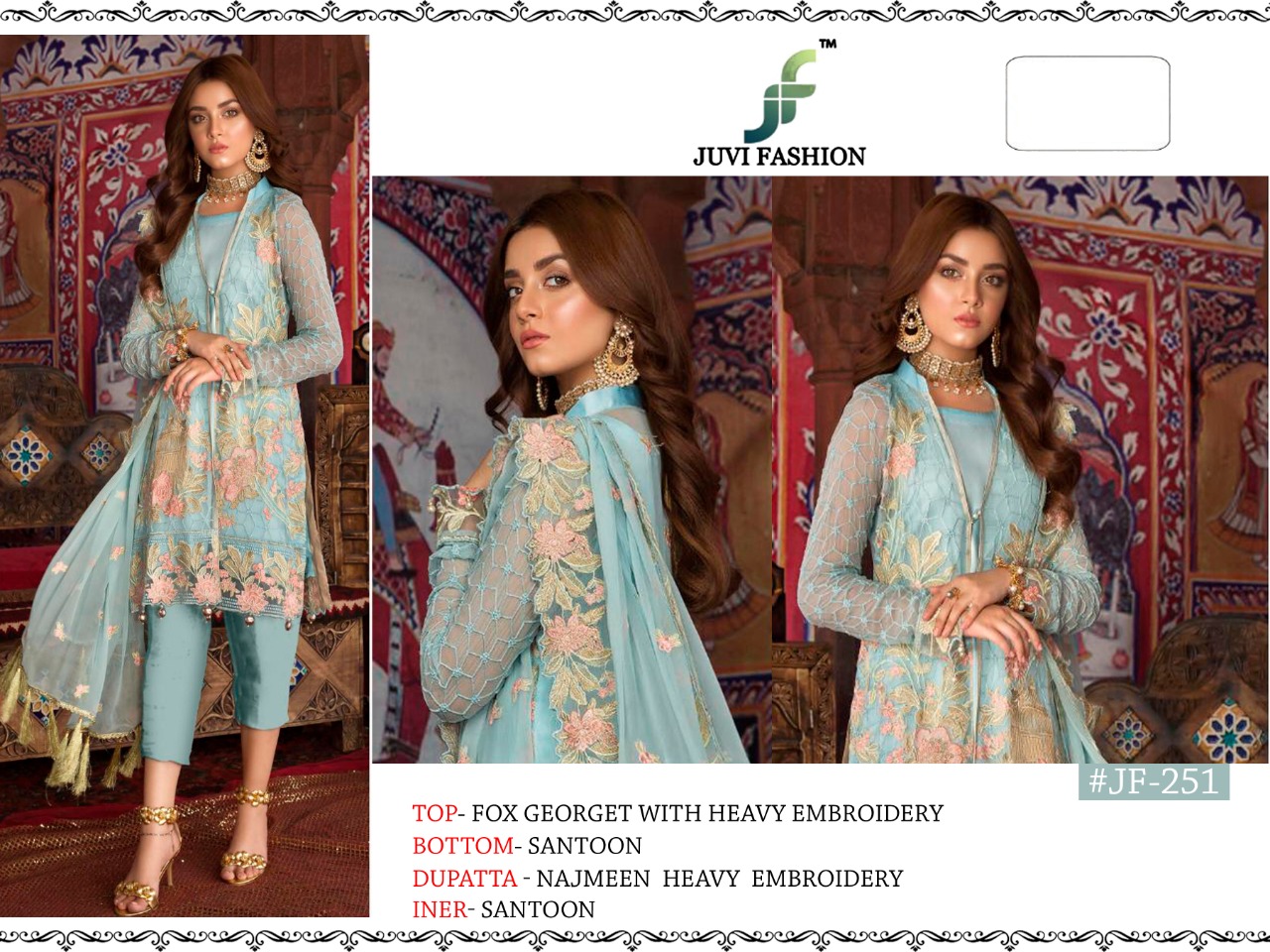 juvi fashion d no  jf 251 and jf 256 georgette regal look salwar suit catalog