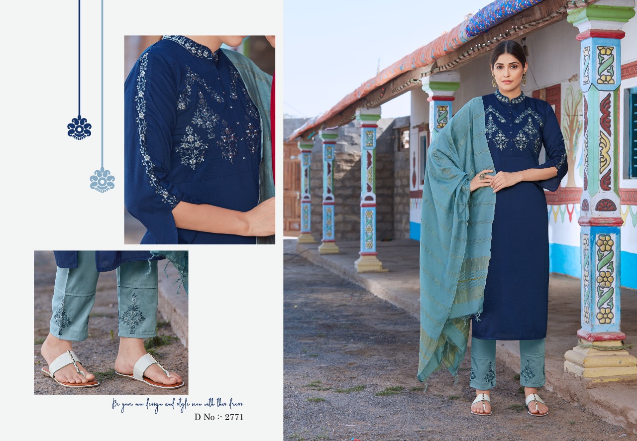 rangoon foram chinon decent embroidary look kurti with pant and dupatta  catalog