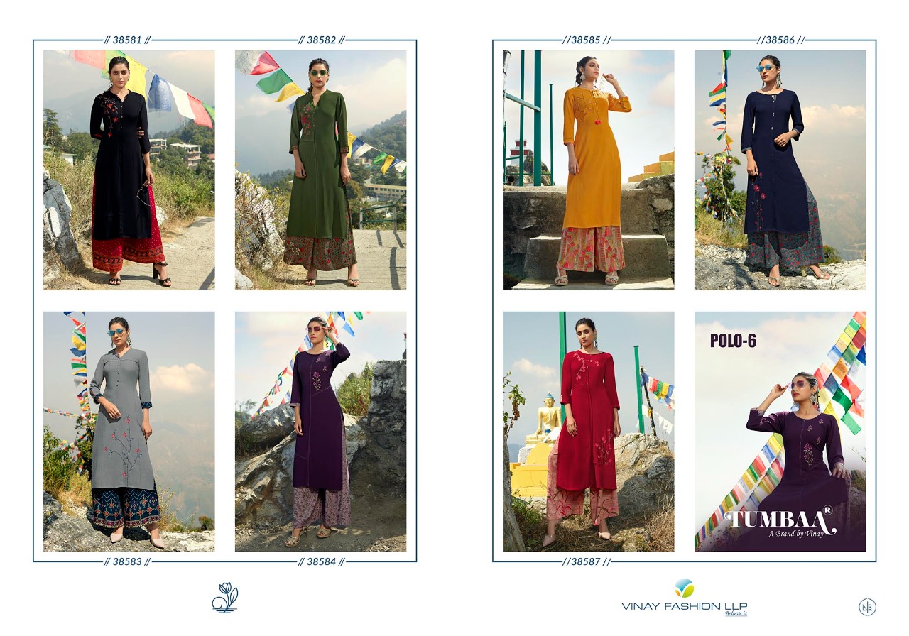 vinay fashion tumbaa polo 6 rayon attrective look kurti with plazzo catalog