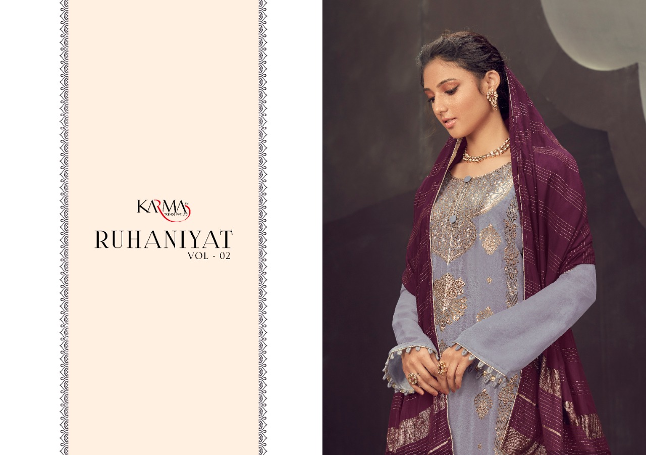 karma trendz ruhaniyat vol 2  silk  gorgeous look slwar suit catalog