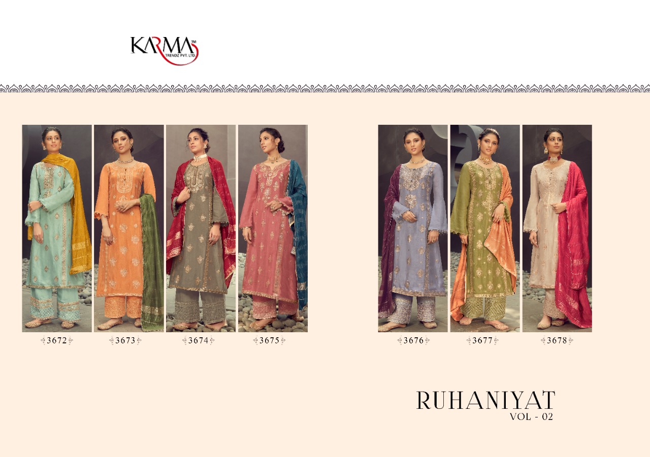 karma trendz ruhaniyat vol 2  silk  gorgeous look slwar suit catalog