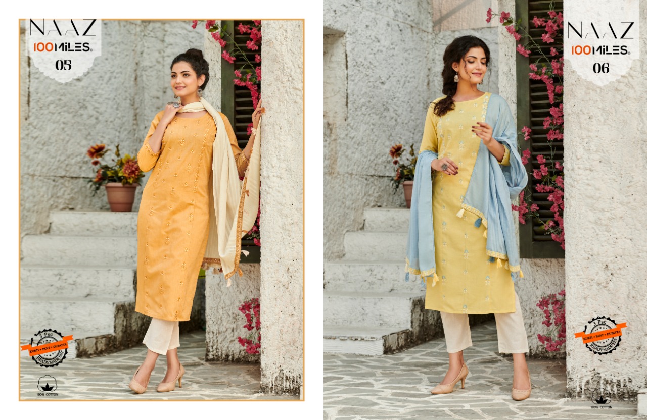 100 miles naaz cotton decent embroidary look kurti with pant and dupatta catalog