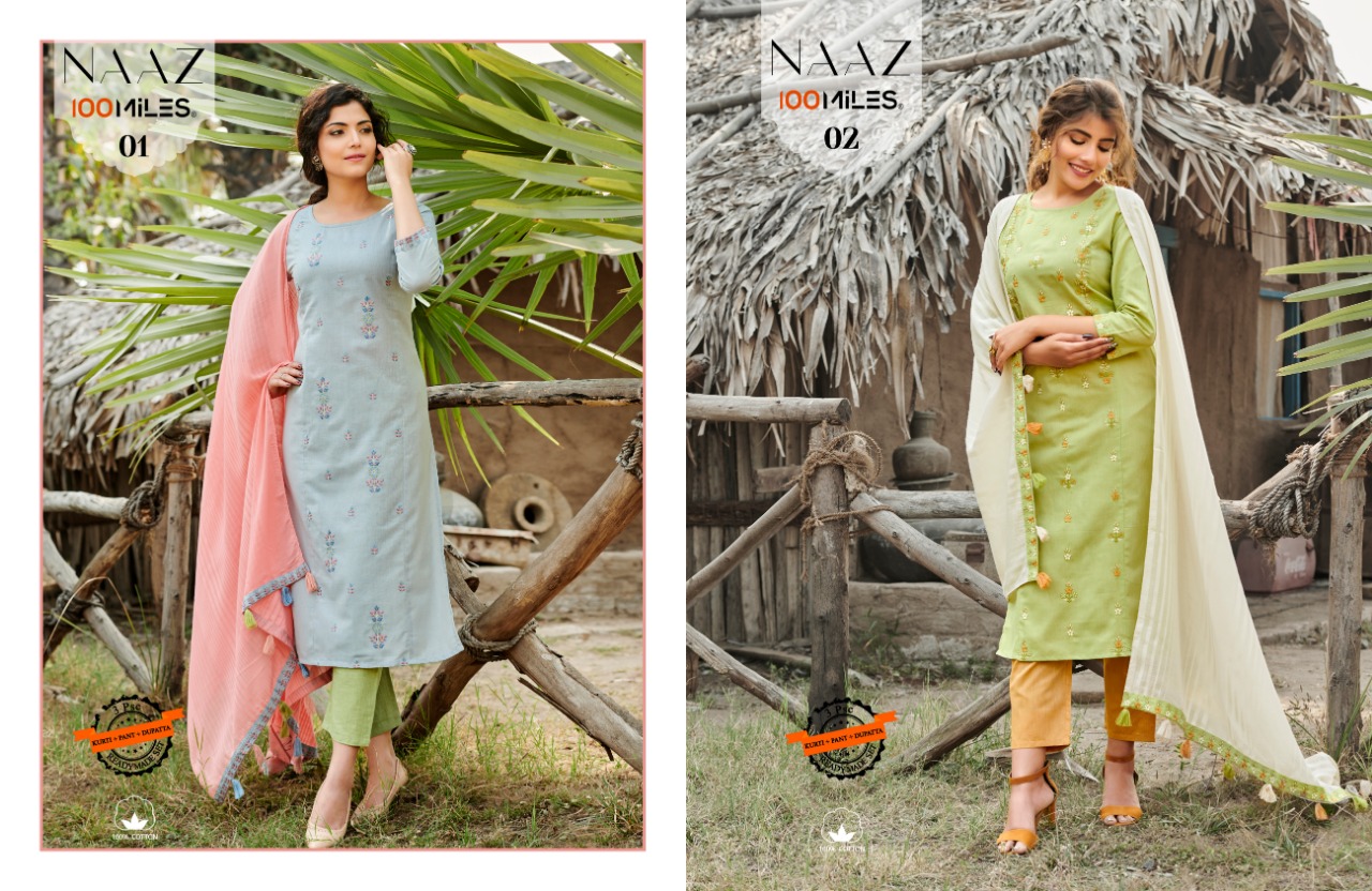 100 miles naaz cotton decent embroidary look kurti with pant and dupatta catalog