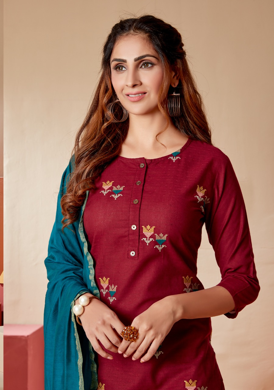 7 pearls cross stitch cotton gorgeous look kurti with pant and dupatta catalog