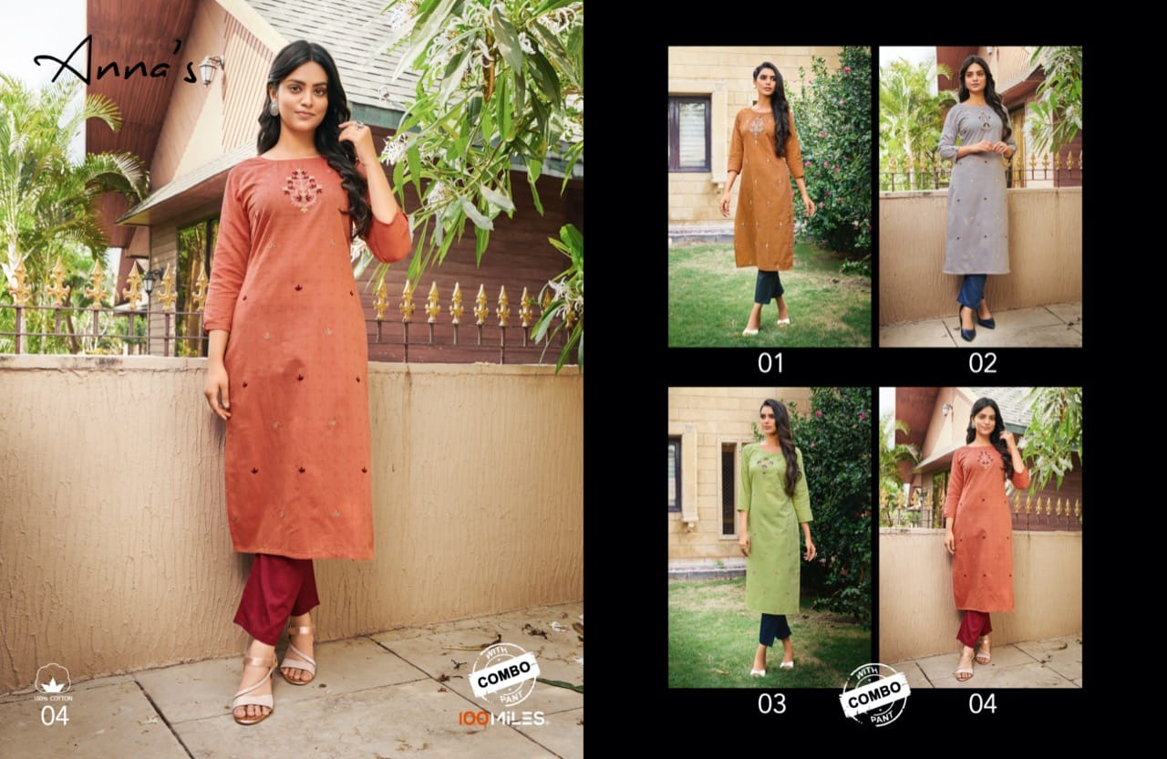 100 miiles annas cotton exclusive look kurti with pant catalog