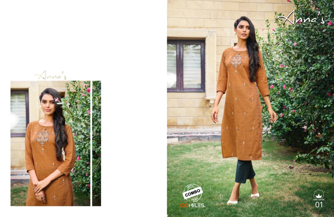 100 miiles annas cotton exclusive look kurti with pant catalog