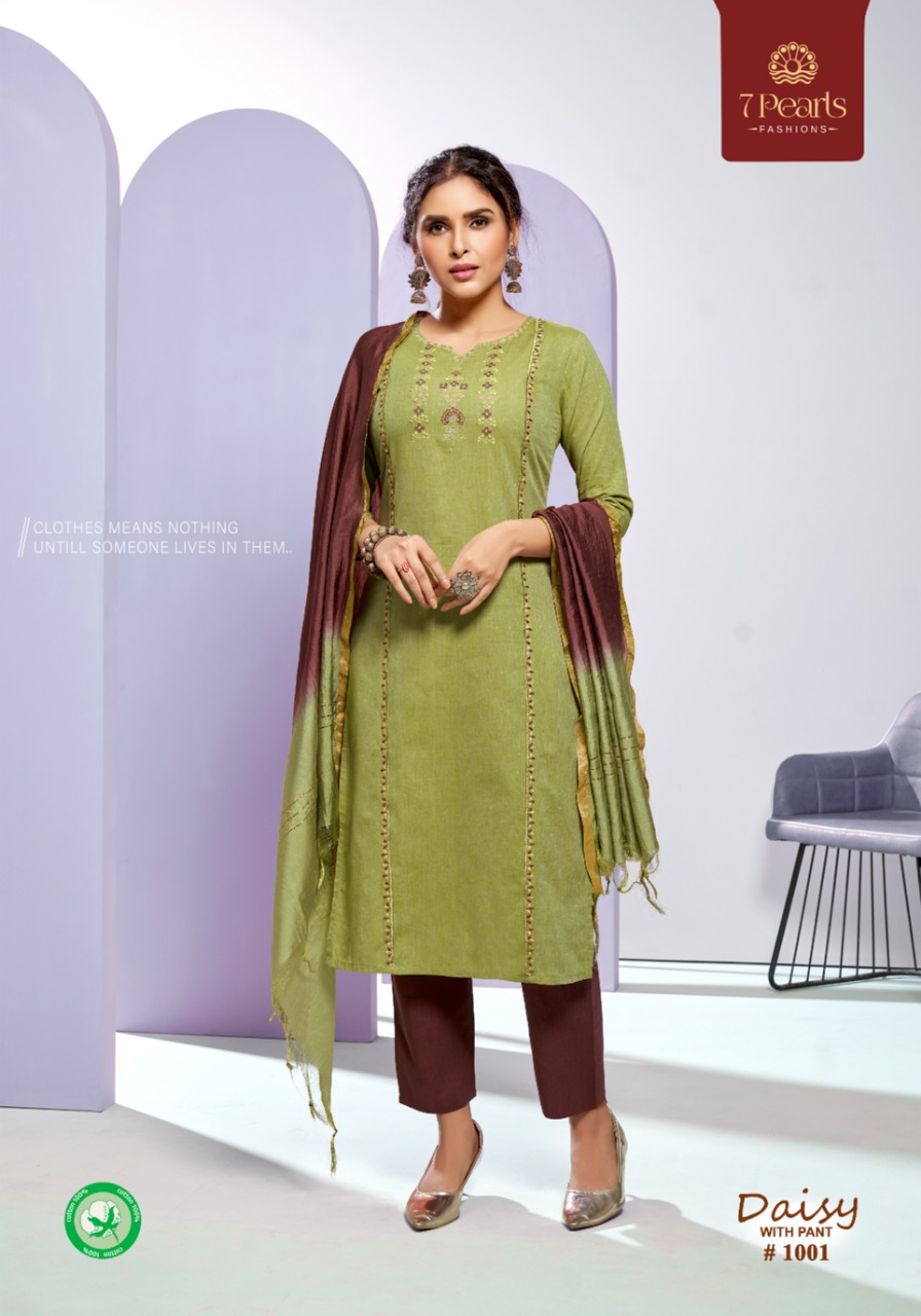 7 pearls daisy cotton authentic fabric top with pant and dupatta catalog