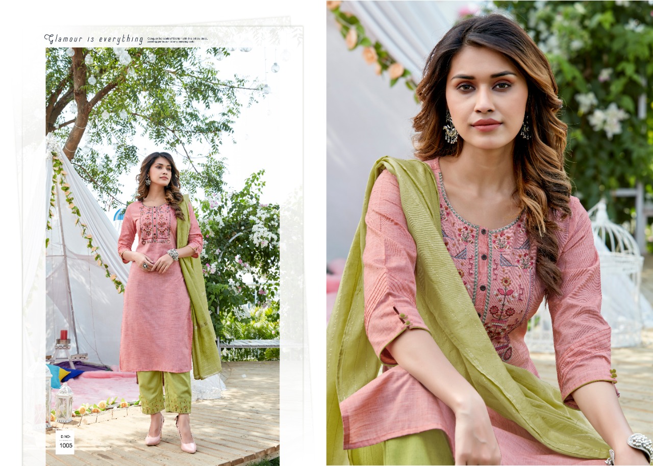 amaaya garments frill cotton decent embroidary look kurti with bottom and dupatta catalog