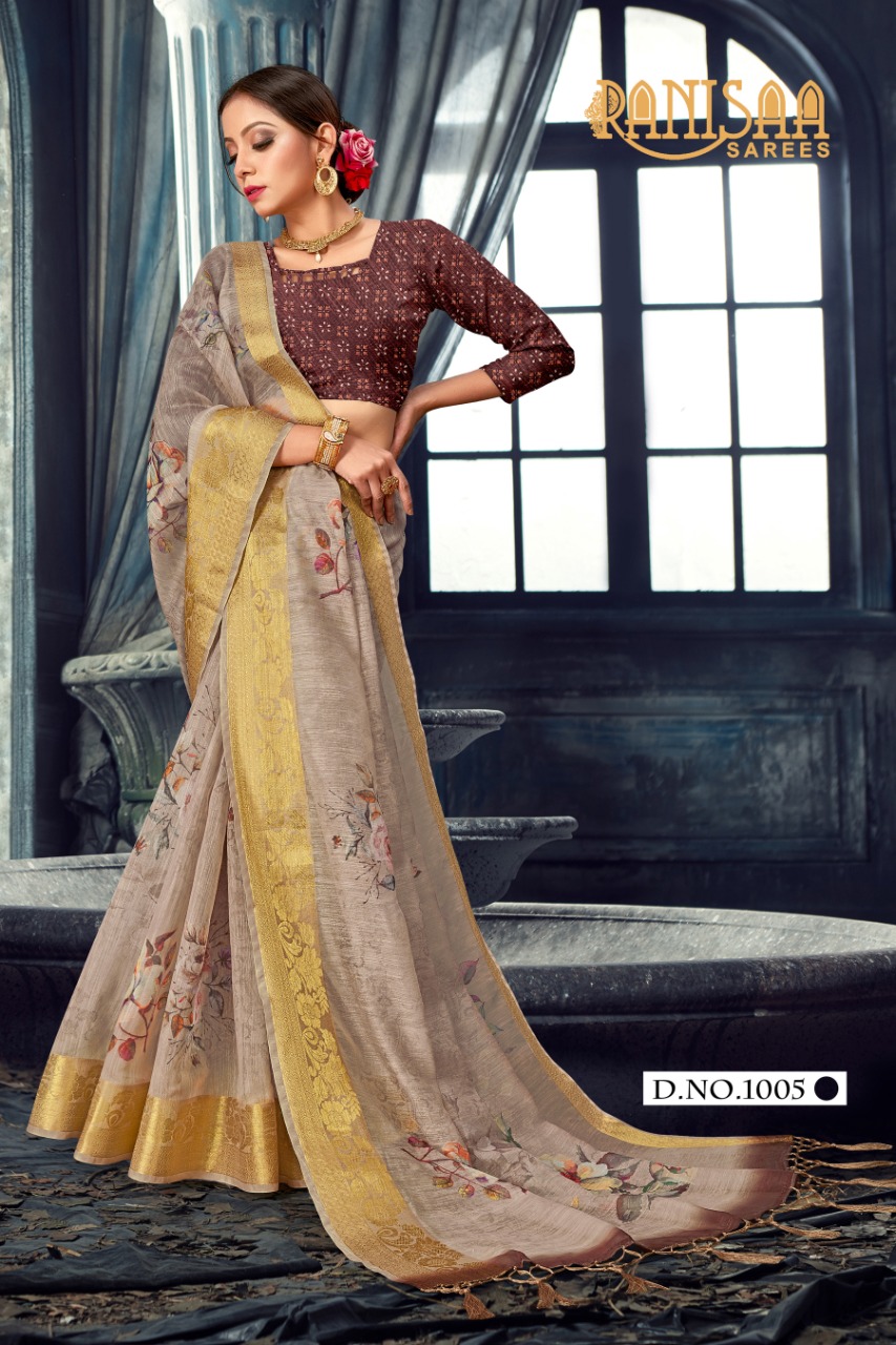 ranisaa sarees zora 1001 to 1006 soft cotton innovative print saree catalog